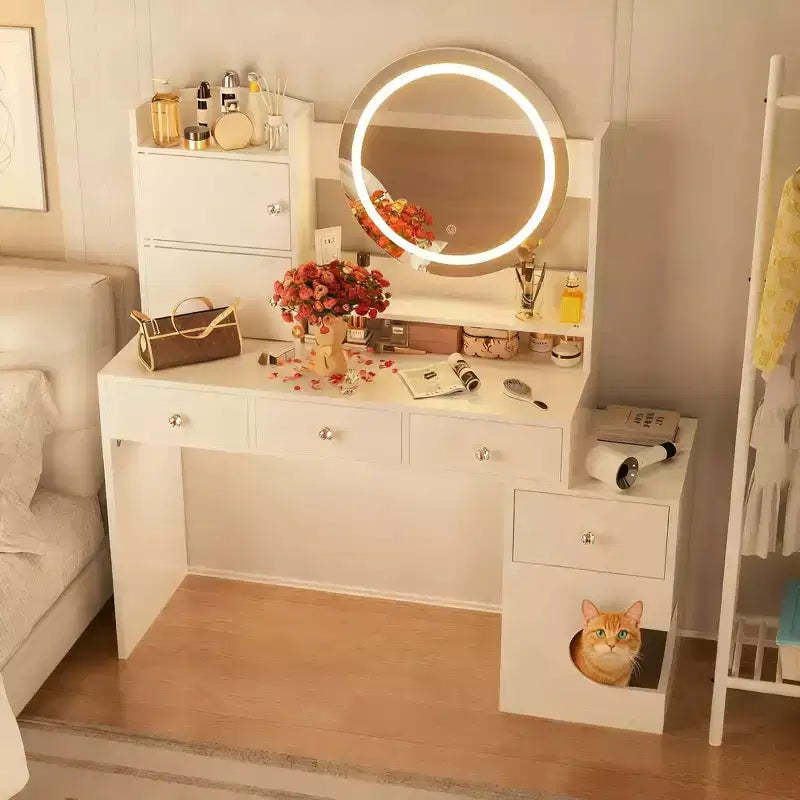 TYBOATLE Modern Makeup Vanity with Lights and Charging Station, Small Vanity Desk with Cat Hole and Multi-Tier Storage Shelves, White