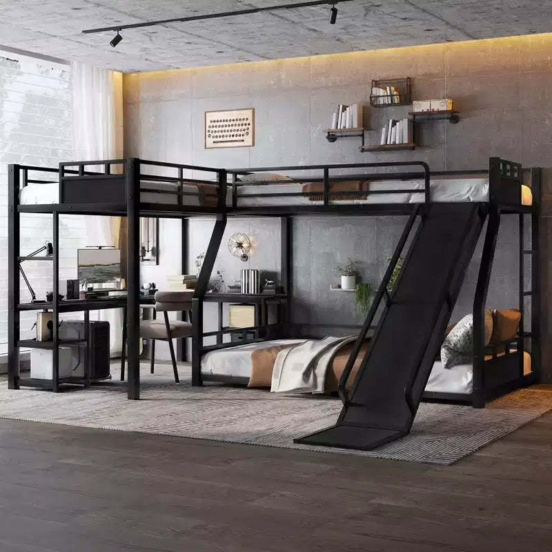 GDFStudio Urban L-Shaped Metal Triple Bunk Bed with Slide and Desk