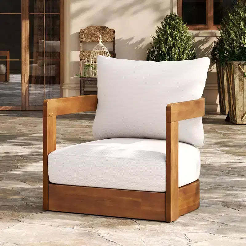 Premium Acacia Wood Outdoor Club Chair with Curved Tub Design, Water-Resistant Cushions, for Patio