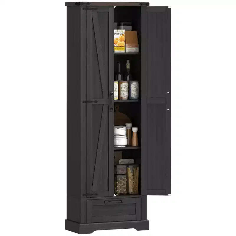 HOMCOM 71 Kitchen Freestanding Pantry Cabinet with Barn Doors, Drawer and Adjustable Shelves for Dining Room, Black