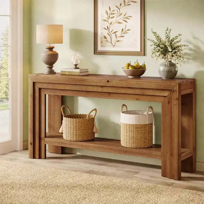 Lantine 63-Inch Solid Wood Console Table, 2-Tier Entryway Table with Storage Shelf, Farmhouse Behind Couch Table for Living Room, Hallway