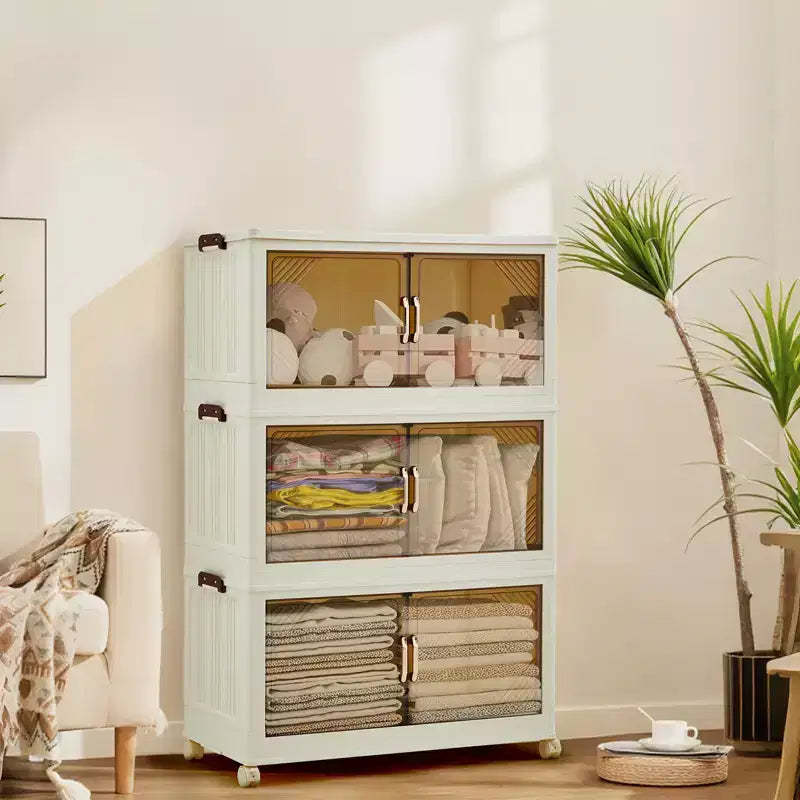 Compact Stackable Plastic Storage Bin with Lid, Collapsible Storage Drawer, Magnetic Doors, for Home, Office