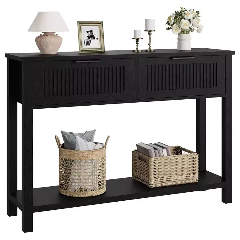 Farmhouse Fluted Console Table, 2 Drawers, Storage Shelf, Narrow Wooden Entryway Sofa Side Table for Living Room, Hallway, or Foyer, Black