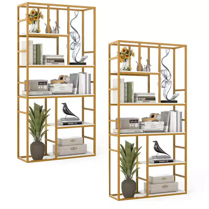 Gymax 2PCS 5 Tier Freestanding Bookshelf w/Open Storage Shelves Anti-Tipping Devices Golden