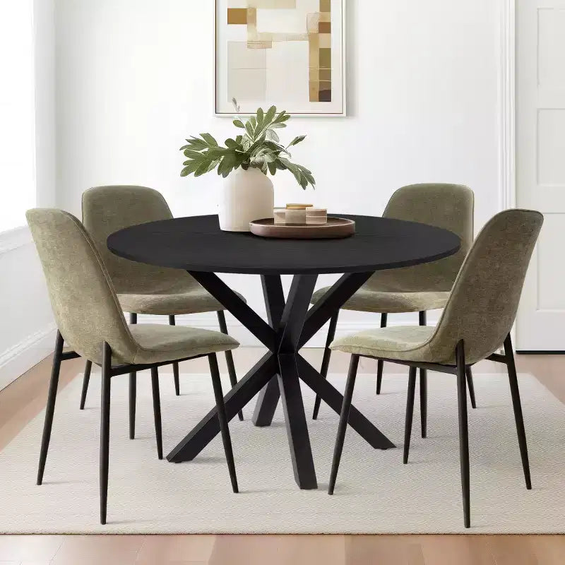 5-Piece Round Dining Table Set with 4 Upholstered Chairs, Black Pedestal Kitchen Table for Small Spaces-Panipeachy