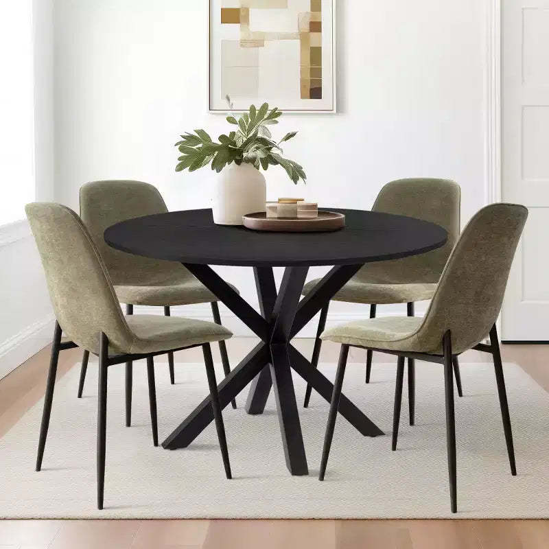 5-Piece Round Dining Table Set with 4 Upholstered Chairs, Black Pedestal Kitchen Table for Small Spaces-Panipeachy