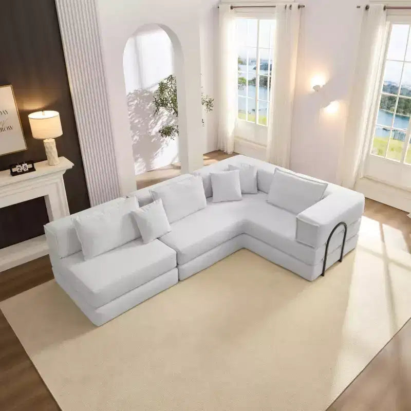MooxvMoo 118.2 Modular L-Shaped Sectional Sofa Set, 118.2 Inch Oversized Couch with 6 Pillows, Upholstered Floor Sofa, Beige White