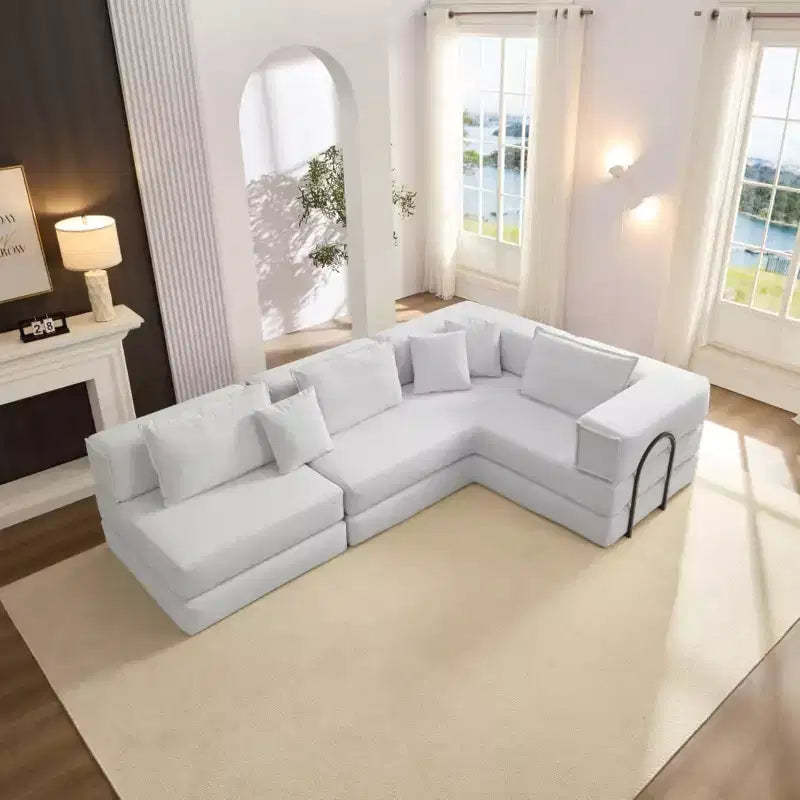 MooxvMoo 118.2 Modular L-Shaped Sectional Sofa Set, 118.2 Inch Oversized Couch with 6 Pillows, Upholstered Floor Sofa, Beige White