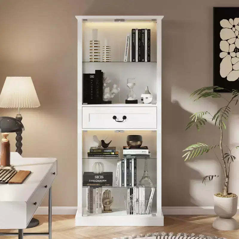Famapy White Tall Display Cabinet with LED Lighting  Glass Display Case with Drawer for Collectibles, Books & Home Decor