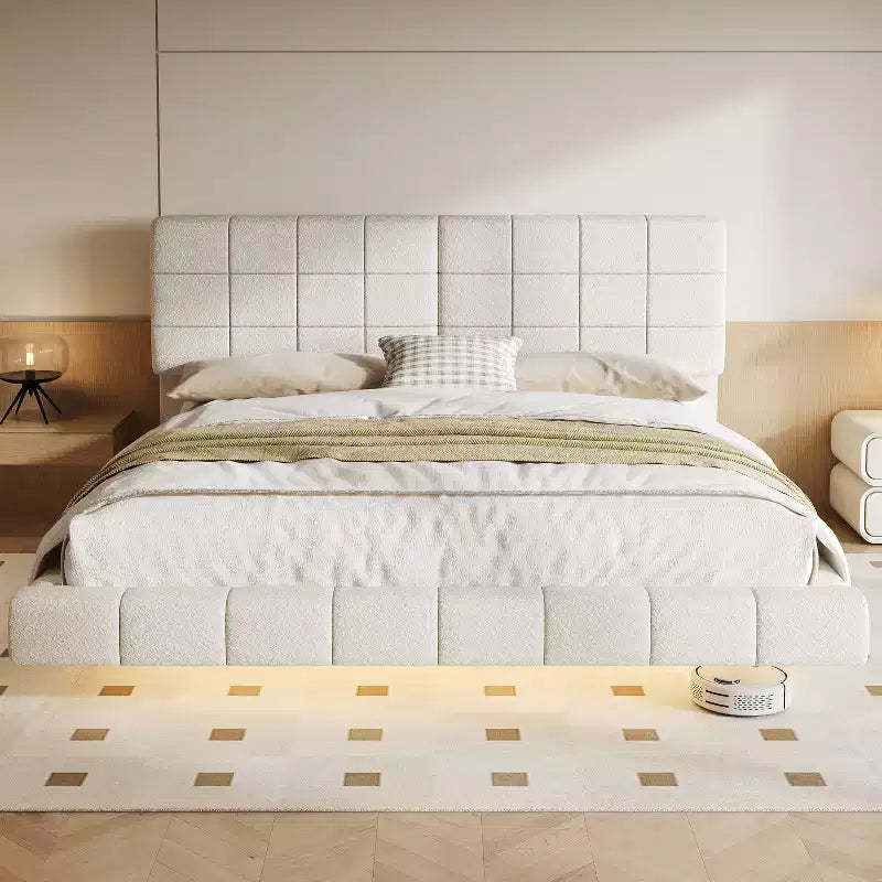 Queen/King Size Upholstered Platform Bed Frame Floating Bed with Light & Headboard, White - ModernLuxe
