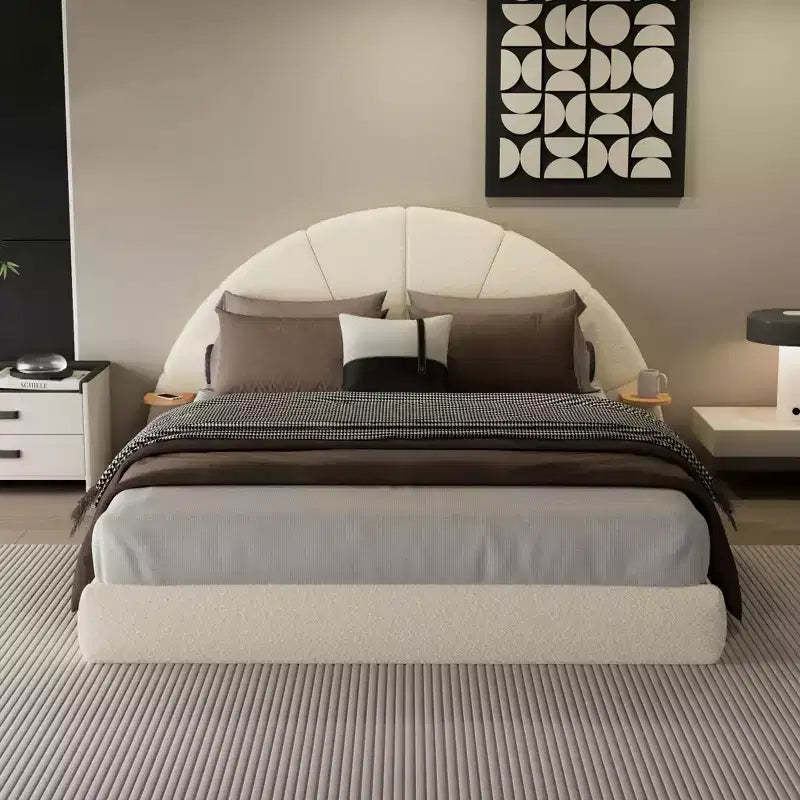 Beige Arched Boucle Upholstered Bed Frame with Built-In Side Table, Soft Texture and Stable Floor-Standing Design for Chic Bedrooms, Queen