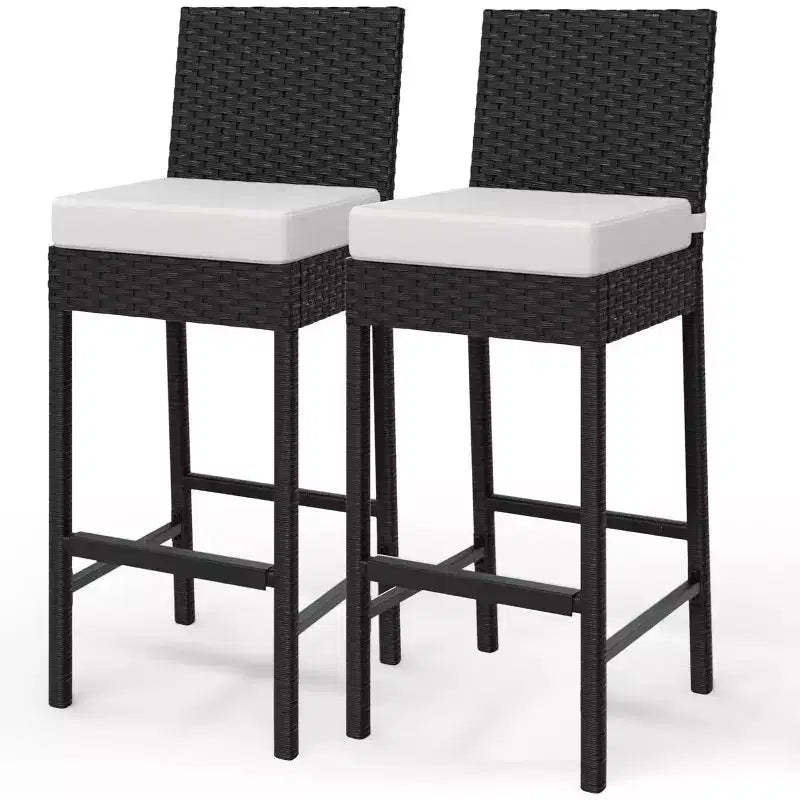 Set of 2 Outdoor Wicker Barstools with Cushions, Patio Rattan Bar Height Stools Armless for Backyard, Poolside, Balcony & Garden High Table Seating
