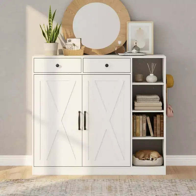 Modern Farmhouse Entryway Storage Cabinet, 6 Adjustable Shelves, 2 Drawers, for Hallway, Living Room