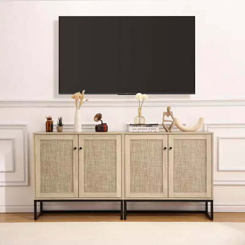 Set of 2 Storage Cabinet with Rattan Doors, Rattan Sideboard Buffet Console Table for Living Room/Entryway/Kitchen/Dining Room