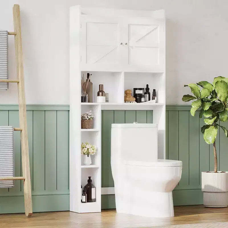 Over-the-Toilet Storage Cabinet with Adjustable Shelf, Bathroom Space Saver with Double Doors and Open Shelves, White