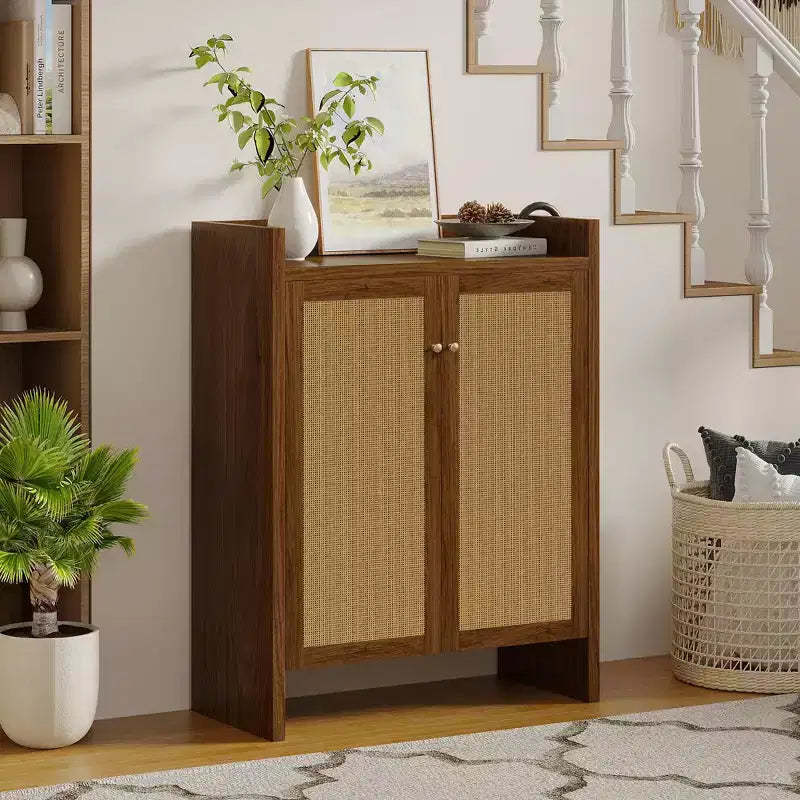 42.5 Tall Rattan Shoe Cabinet with Doors, 6-Tier Shoe Storage Organizer with Adjustable Shelves, Freestanding for Entryway, Hallway, Walnut