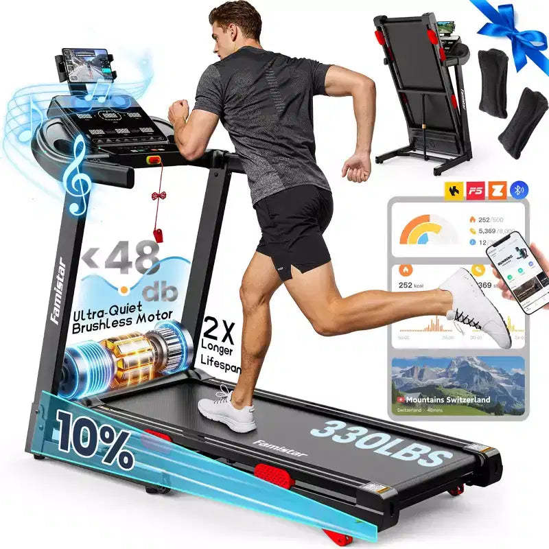 Folding Treadmill with 10% Incline for Home, Quiet Brushless Motor, 330 lb Capacity, App Control