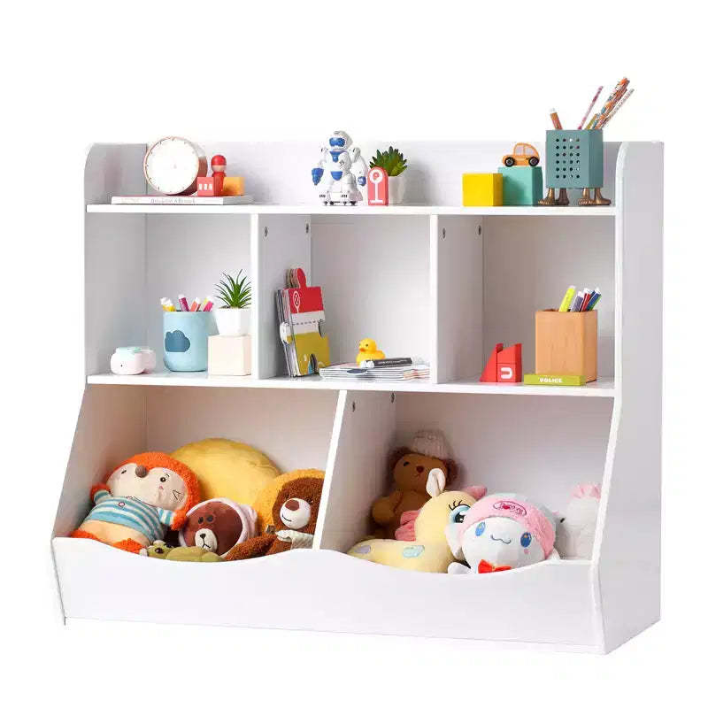Kids Toy Storage Cubby with Bookshelf, 5-Cubby Wooden Toy Organizer Cabinet for Kids Room, Playroom, Nursery & Kindergarten, White