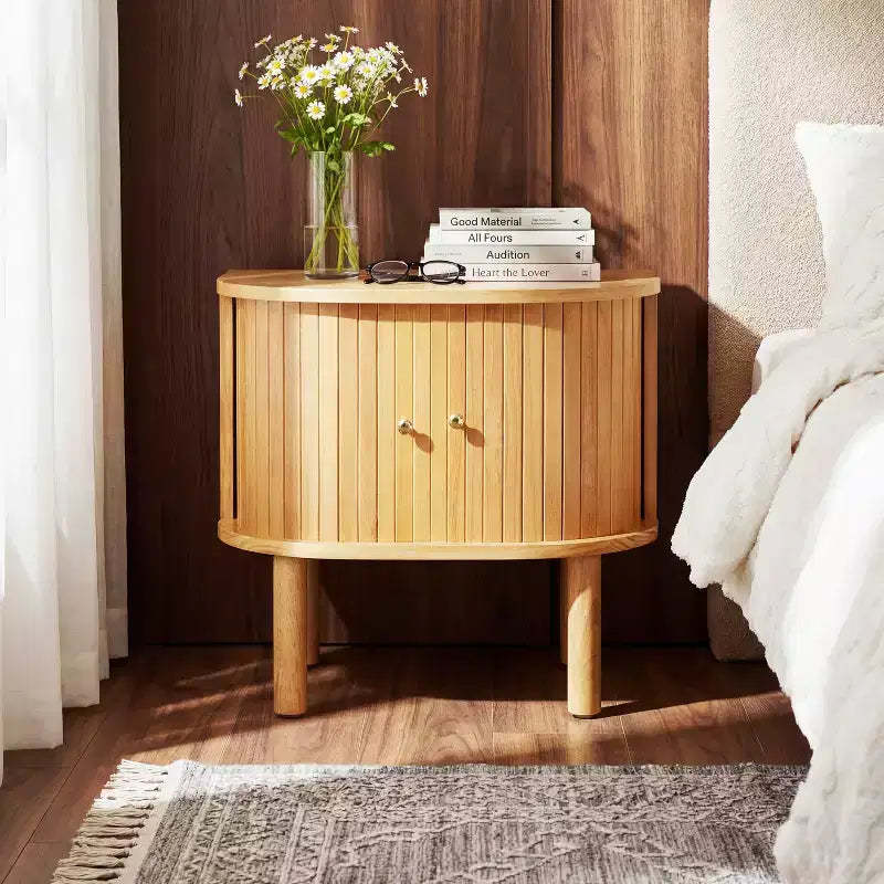 Christopher Knight Home Bennett Modern Scandinavian Curved Wood Nightstand with Sliding Slatted Doors