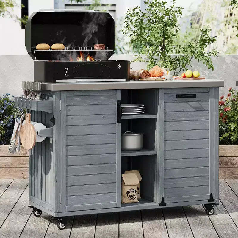 FAMYYT 78.3-Inch Outdoor Kitchen Island with Stainless Steel Countertop, Foldable BBQ Station, and Storage Cabinets, Grey Blue