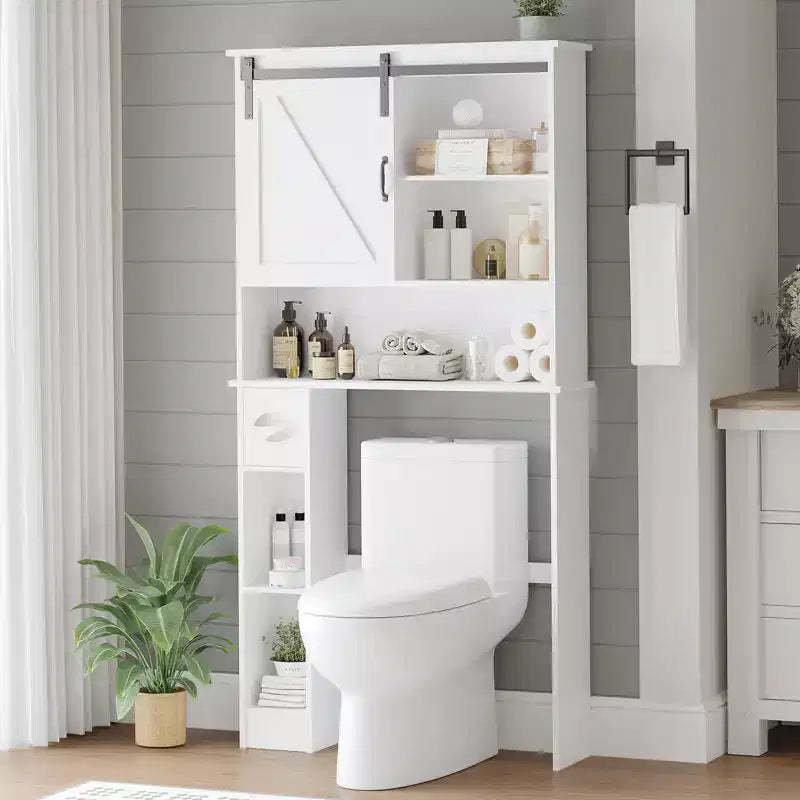 COZONY Over the Toilet Storage Cabinet with Sliding Barn Door, Bathroom Organizer Rack with Adjustable Shelf & Toilet Paper Holder for Bathroom