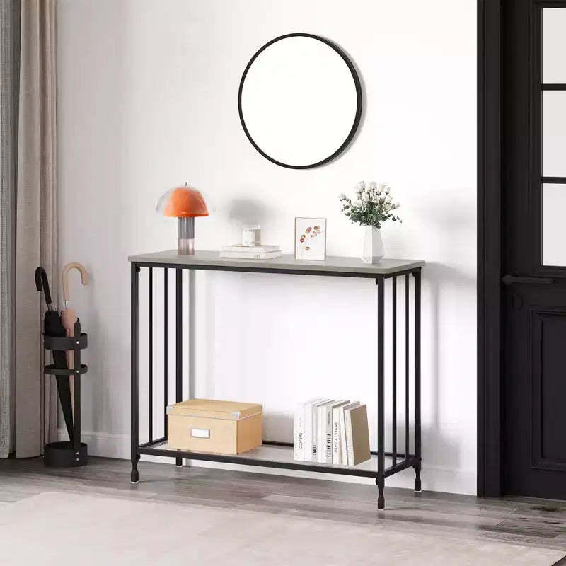 Narrow Console Table, Small Entryway Table with Glass Shelf & Metal Frame, Rustic Brown Sofa Table for Entryway/Living Room