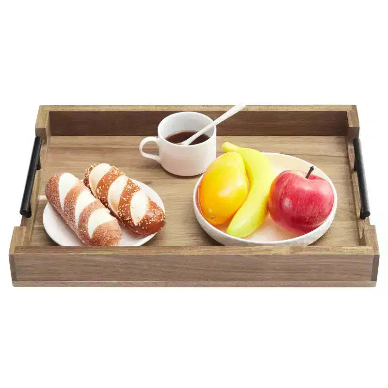 Wood Serving Tray with Metal Handles, 17x12 Inch Decorative Ottoman Tray, Multipurpose for Coffee Table/Breakfast/Bed/Living Room/Kitchen/Bar