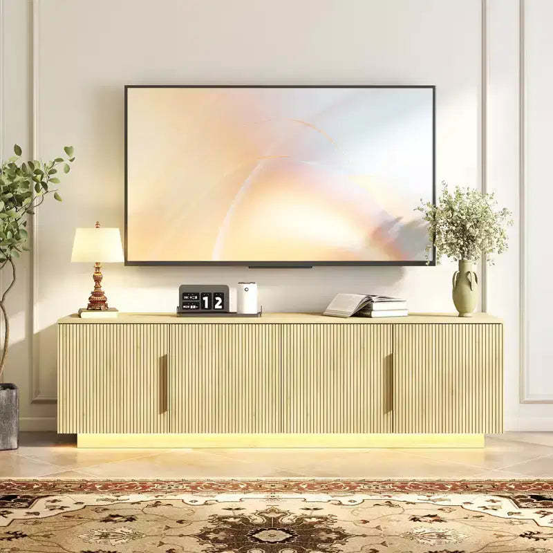 Zevemomo 67.7 Fluted TV Stand for TVs up to 75 with 16 Color LED Strip Lights, 6 Storage Compartments for Living Room, Natural Oak