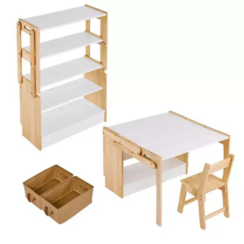 COZONY Convertible Activity Table and Chair Set with Storage Shelves, Folding Craft Desk with Storage Boxes, Wood White