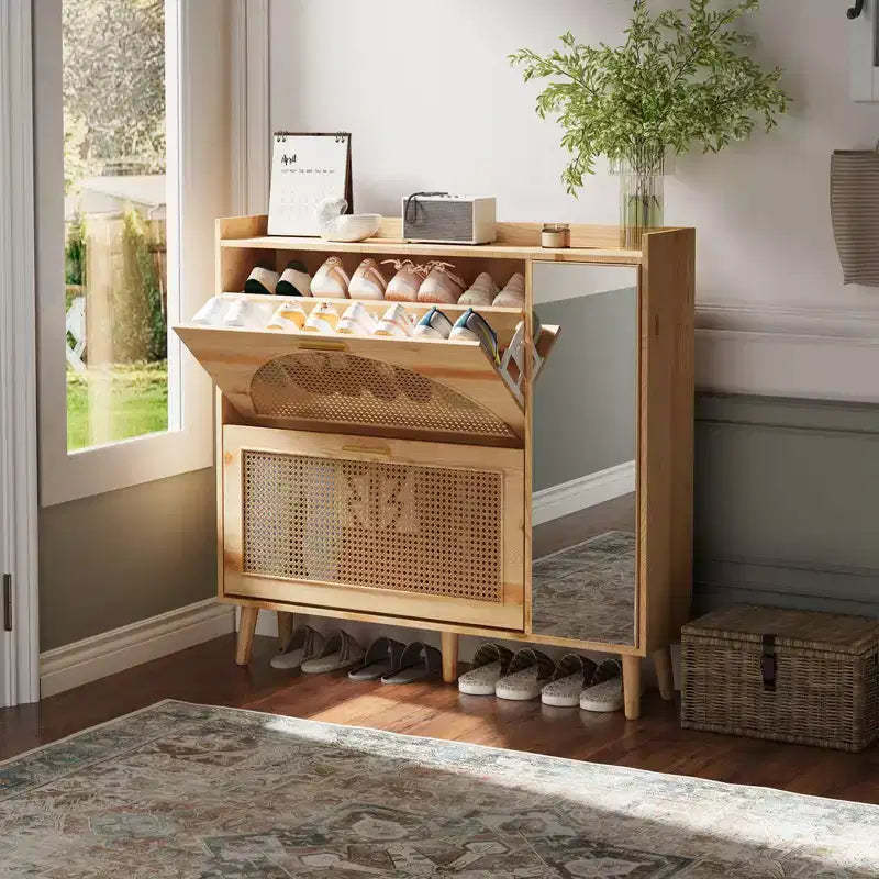 Natural Rattan Shoe Cabinet 2 Flip Drawers with Mirror Adjustable Shelves Freestanding Shoe Rack for Entryway Hallway Closet