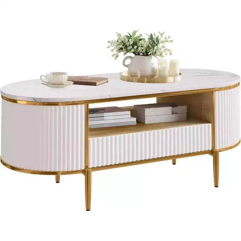 47.24 Inch Oval Coffee Table,Modern Fluted Center Table with Faux Marble Top,Sliding Drawers and Gold Metal Legs,Minimalist Tea Table for Living Room