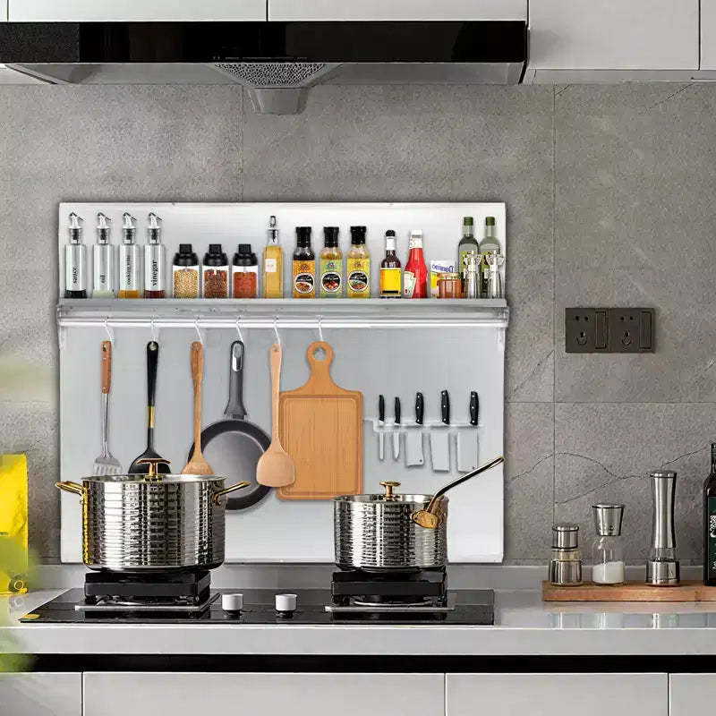 Stainless Steel Range Backsplash with Storage Shelf & Knife Racks, Wall Mount Guard with Pre-Installation Holes