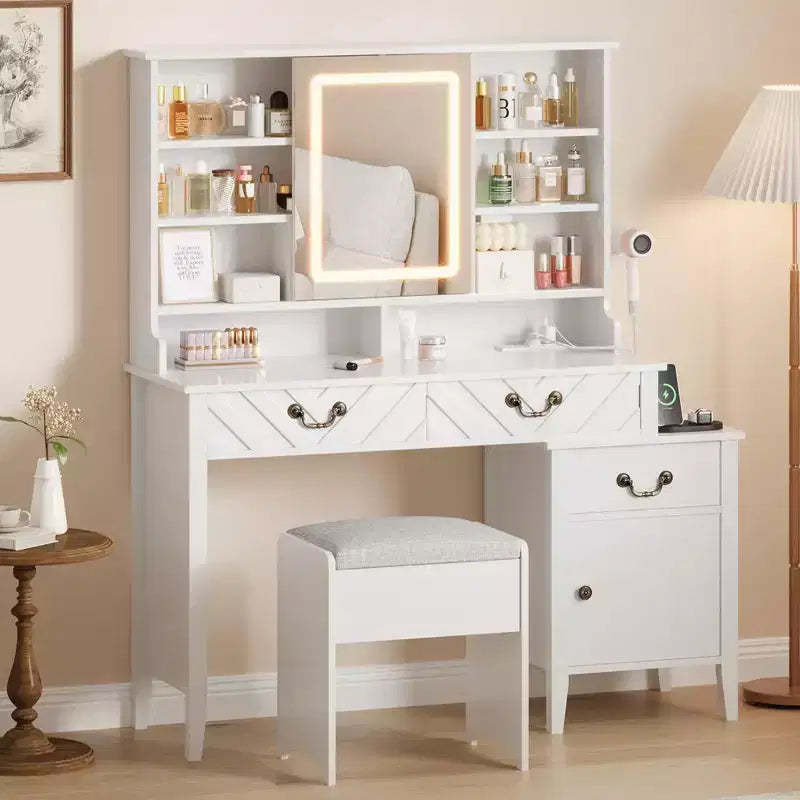 Vanity Desk with Sliding Mirror, Makeup Table with Stool, Modern Extendable Makeup Table, for Home, Living Room