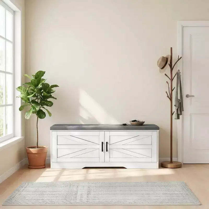 FurnitureR Shoe Storage Bench with Cushion, Farmhouse Entryway Bench with Cabinet Doors, Upholstered Shoe Bench for Entryway, Mudroom or Hallway