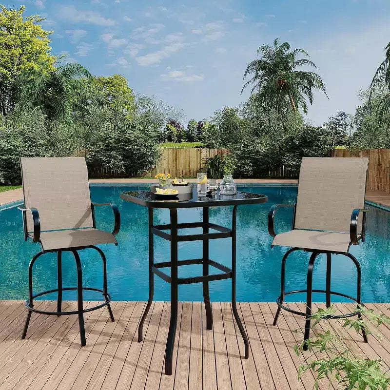 Counter Height Garden Bar Stools Set of 2, 360 Swivel Outdoor Patio Chairs with Armrests & High Back, Breathable Textilene Mesh Bar Seating for Deck