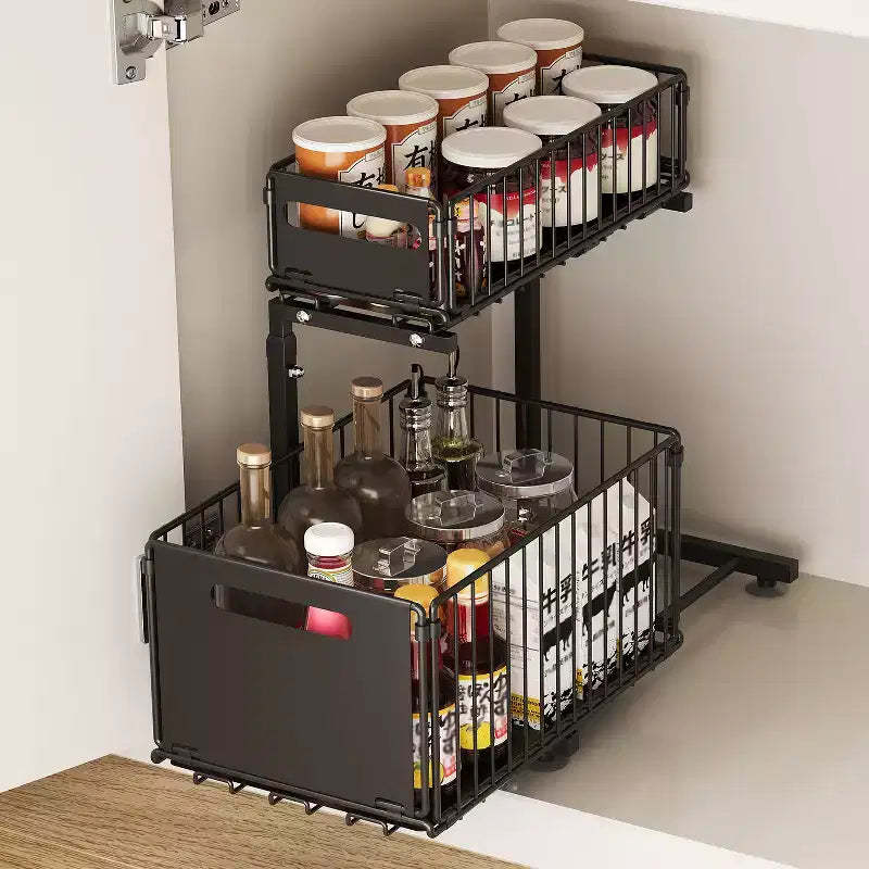 Pull Out Cabinet Organizer 2 Tier, Under Sink Organizer with Sliding Drawer, Black Storage Rack for Kitchen/Bathroom/Pantry