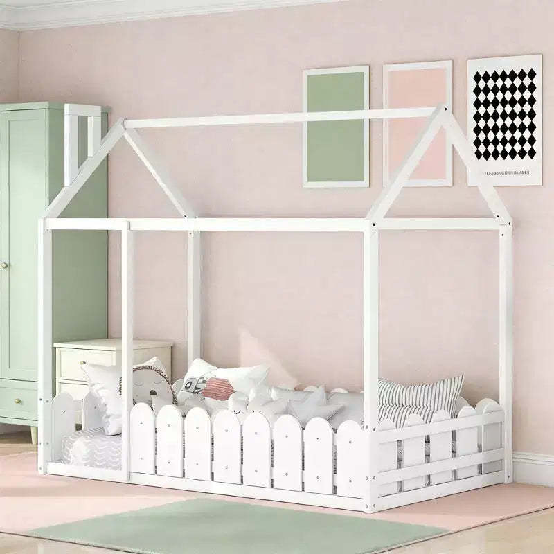 Luxystar Wooden House Bed Frame with Fence for Kids and Teens, White