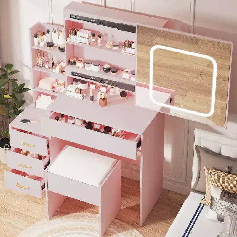Vanity Set with Sliding LED Mirror, 4 Drawers, Power Outlet, Storage Shelves, Open Shelf, Cushioned Stool, Makeup Dressing Table for Bedroom, Pink