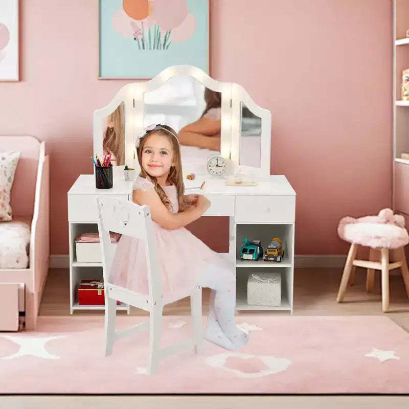 Kids Vanity with Lights, Princess Makeup Vanity Desk with Storage Cabinet Touch Light Detachable Tri-Folding Mirror, 2 in 1 Vanity Table, White