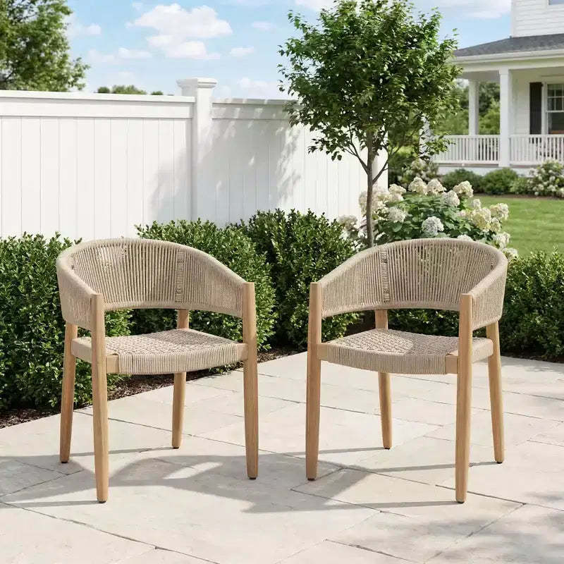 ModernLuxe Acacia Wood Outdoor Rope Dining Chairs, Patio Accent Chair Club Chair with Hand-Woven Rope - Set of 2, Brown