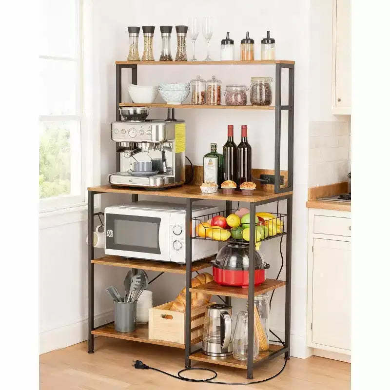 Rustic Brown Bakers Rack w/ Power Outlet, 4-Tier Kitchen Storage Shelf, Microwave Stand, Hooks, Metal Wood Organizer for Coffee Spices