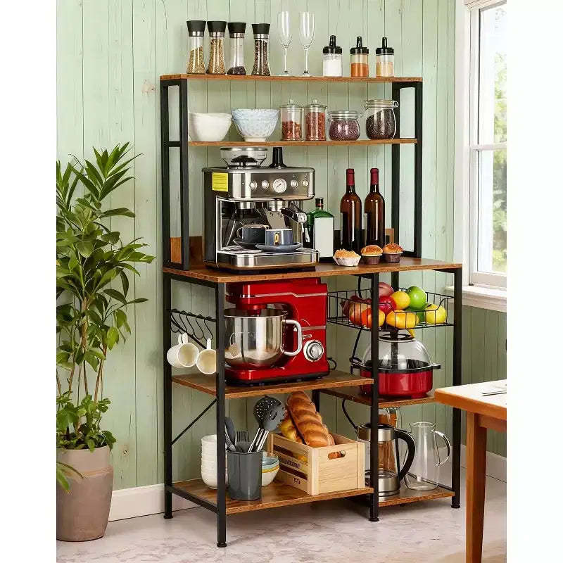 Kitchen Bakers Rack 55 * 66inch, Microwave Oven Stand with Storage 4 Tiers, Coffee Bar Table with 6 S Hooks, Kitchen Storage Shelf Rack for Pots