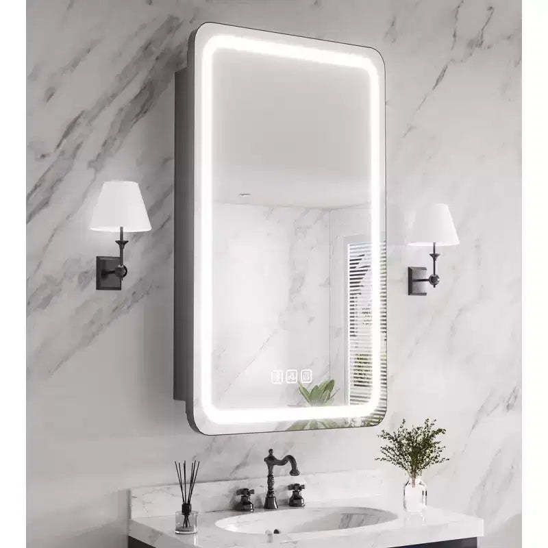 FAMYYT 16 in. W x 28 in. H Rectangular Iron Medicine Cabinet with Mirror, Dimmable LED Light, Anti-Fog and Outlets - Fully Assembled