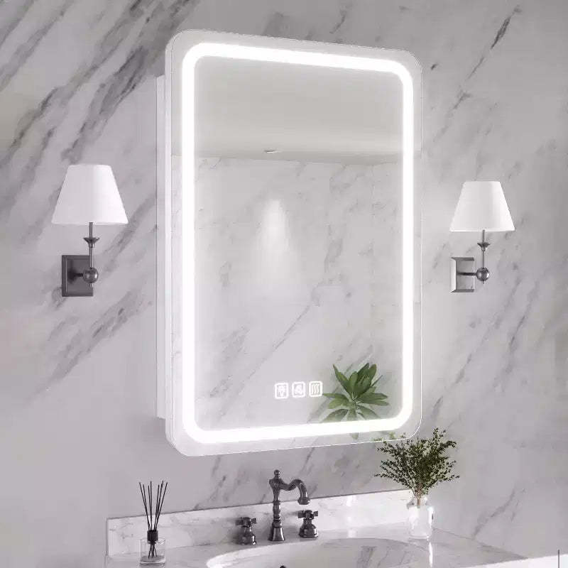FAMYYT 20 in. W x 28 in. H Rectangular Iron Medicine Cabinet with Mirror, Dimmable LED Light, Anti-Fog and Outlets - Fully Assemble