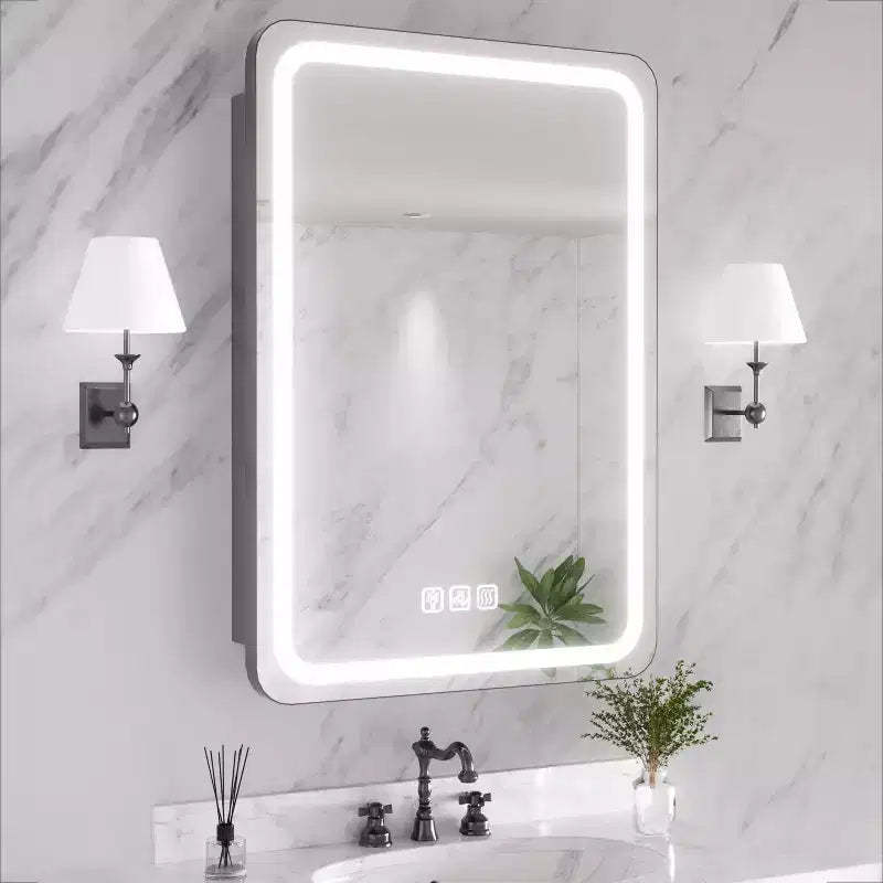 FAMYYT 20 in. W x 28 in. H Rectangular Iron Medicine Cabinet with Mirror, Dimmable LED Light, Anti-Fog and Outlets - Fully Assembled