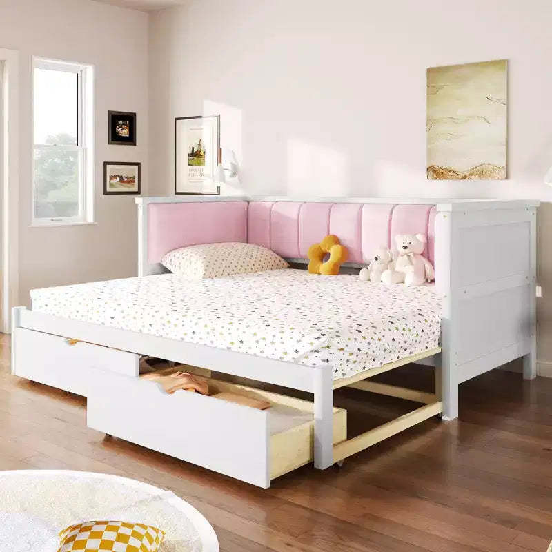ModernLuxe Twin XL to King Size Expandable Daybed with 2 Drawers, Upholstered Backrest Platform Bed with Pull-Out Trundle, White+Pink