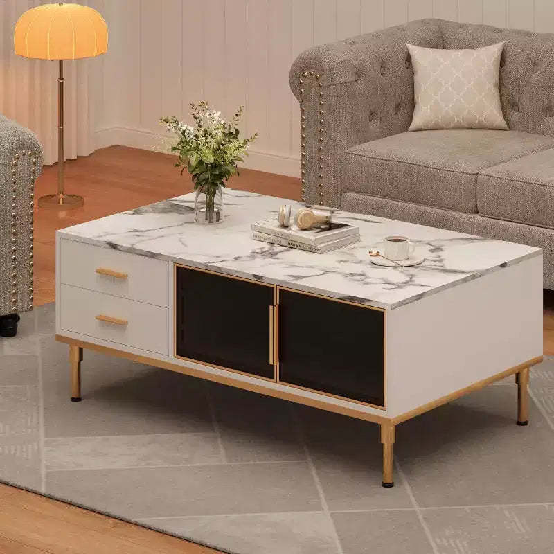 Large Modern Coffee Table with Faux Marble Top, 4 Drawers and Glass Door Storage, Fluted Panel Design, Hidden Compartment for Living Room
