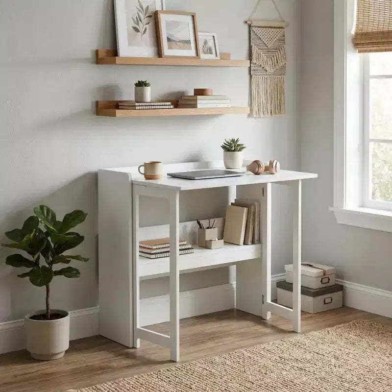 FurnitureR Folding Desk with Storage Shelf, Small Space Drop Leaf Computer Desk with Bookshelf, Writing Desk for Home Office, Bedroom, Apartment