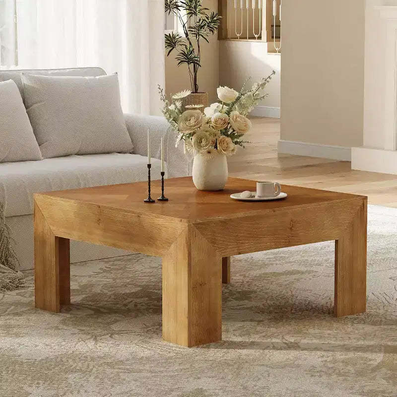 Lantine 39.4 Solid Wood Coffee Table with Intricate Inlaid Top & Sturdy Legs, Rustic Center Tables for Living Room, Easy Assembly, Brown