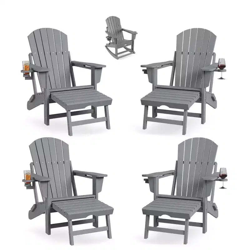 4-in-1 Folding HDPE Adirondack Chairs Set of 4, Retractable Ottoman & Removable Rocking Base, 400lbs Capacity Grey